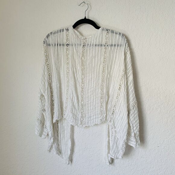 Free People One Willow Kimono White Lace Floral Open Front Tie Beach Boho Preppy - Picture 4 of 12